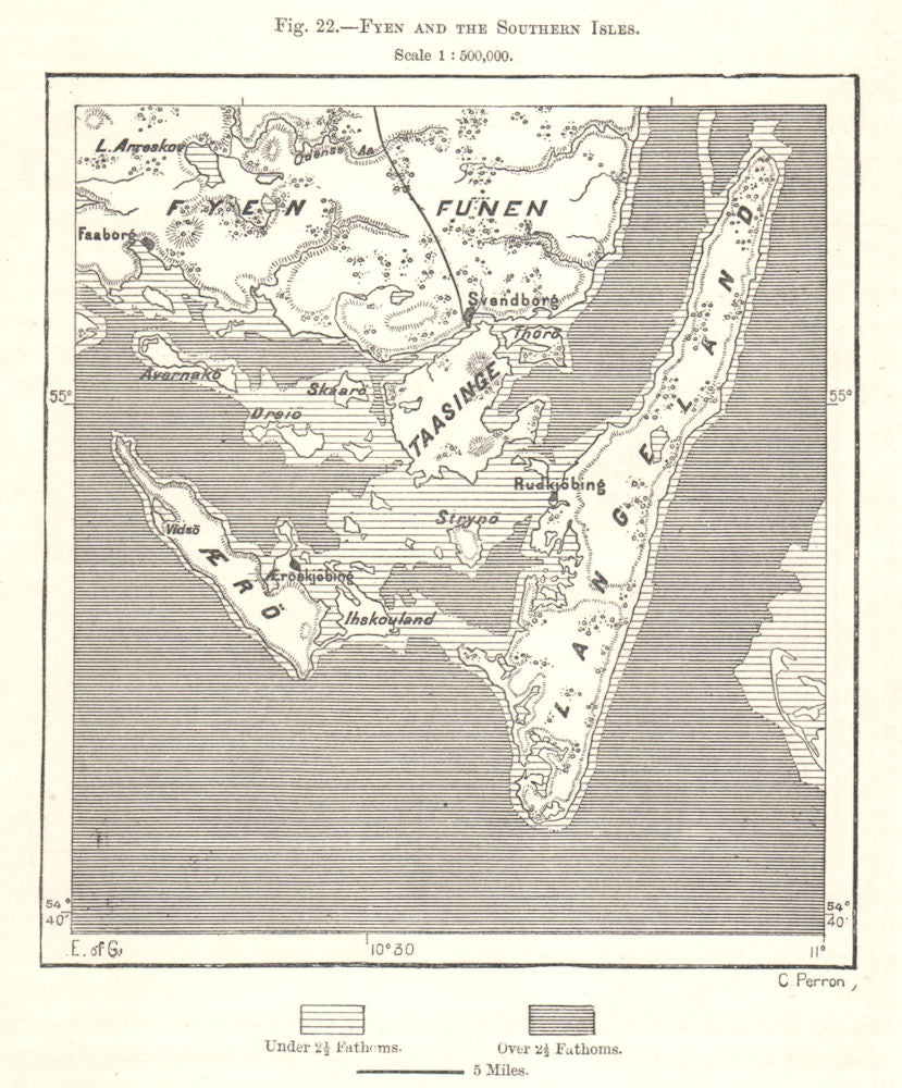 Fyn and the Southern Isles. Aero Langelend. Denmark. Sketch map 1885 old
